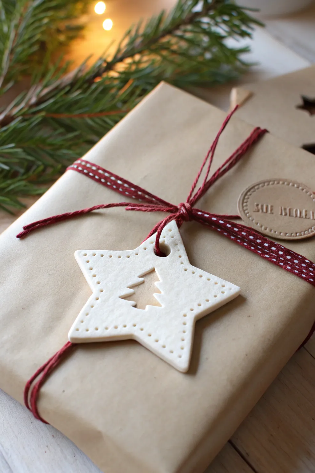 Simple air-dry clay star gift tag on kraft paper and red ribbon for cozy kid-made gifts
