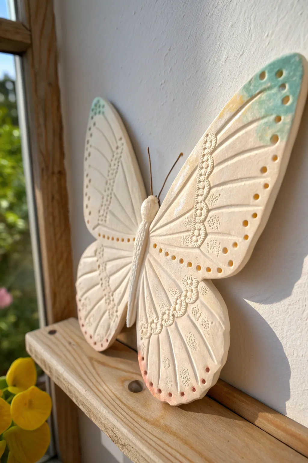 Textured air dry clay butterfly decor with playful stamped wings in soft boho colors