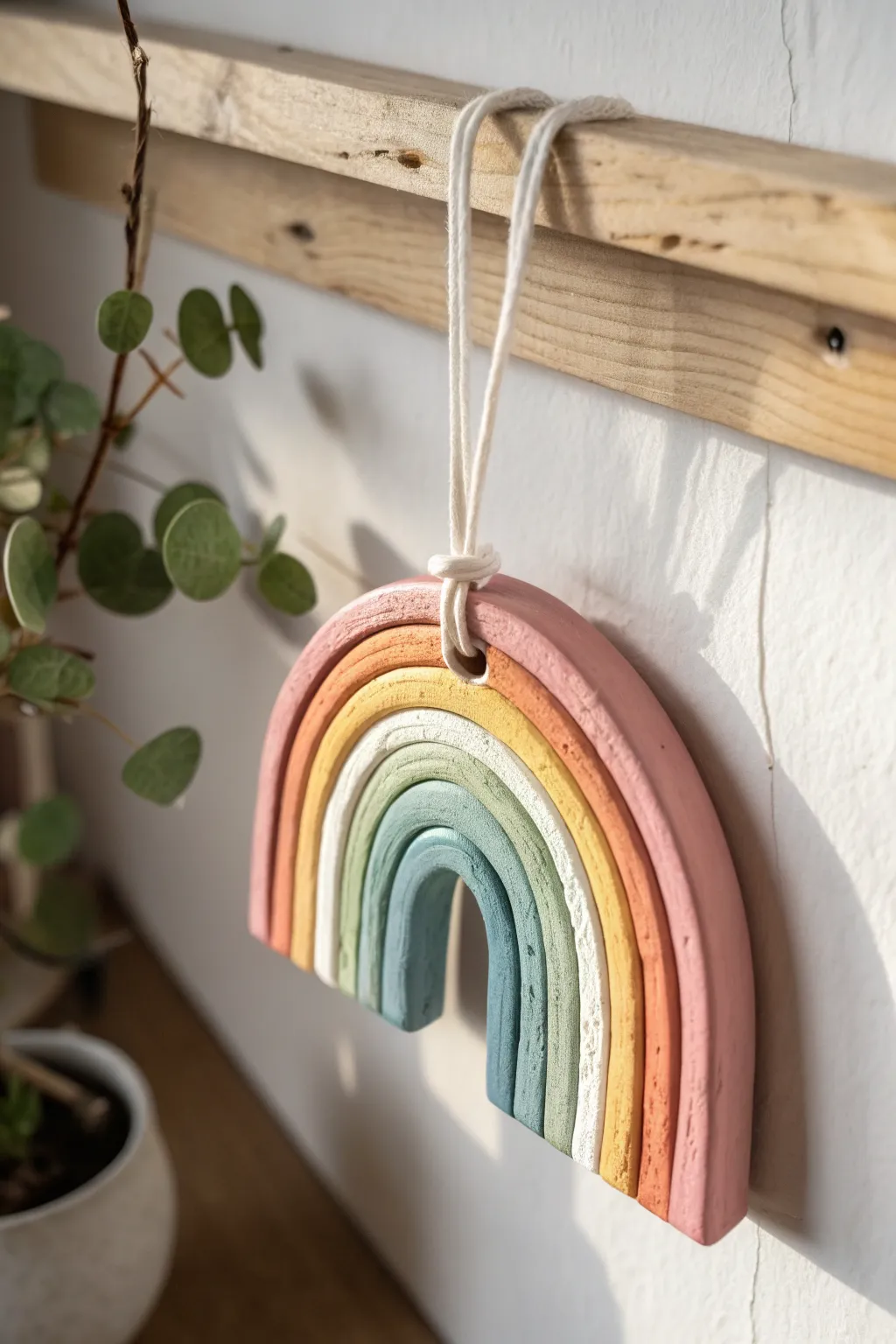 Simple air dry clay rainbow hanging ornament in bold colors, cute decor for kindergarten crafts