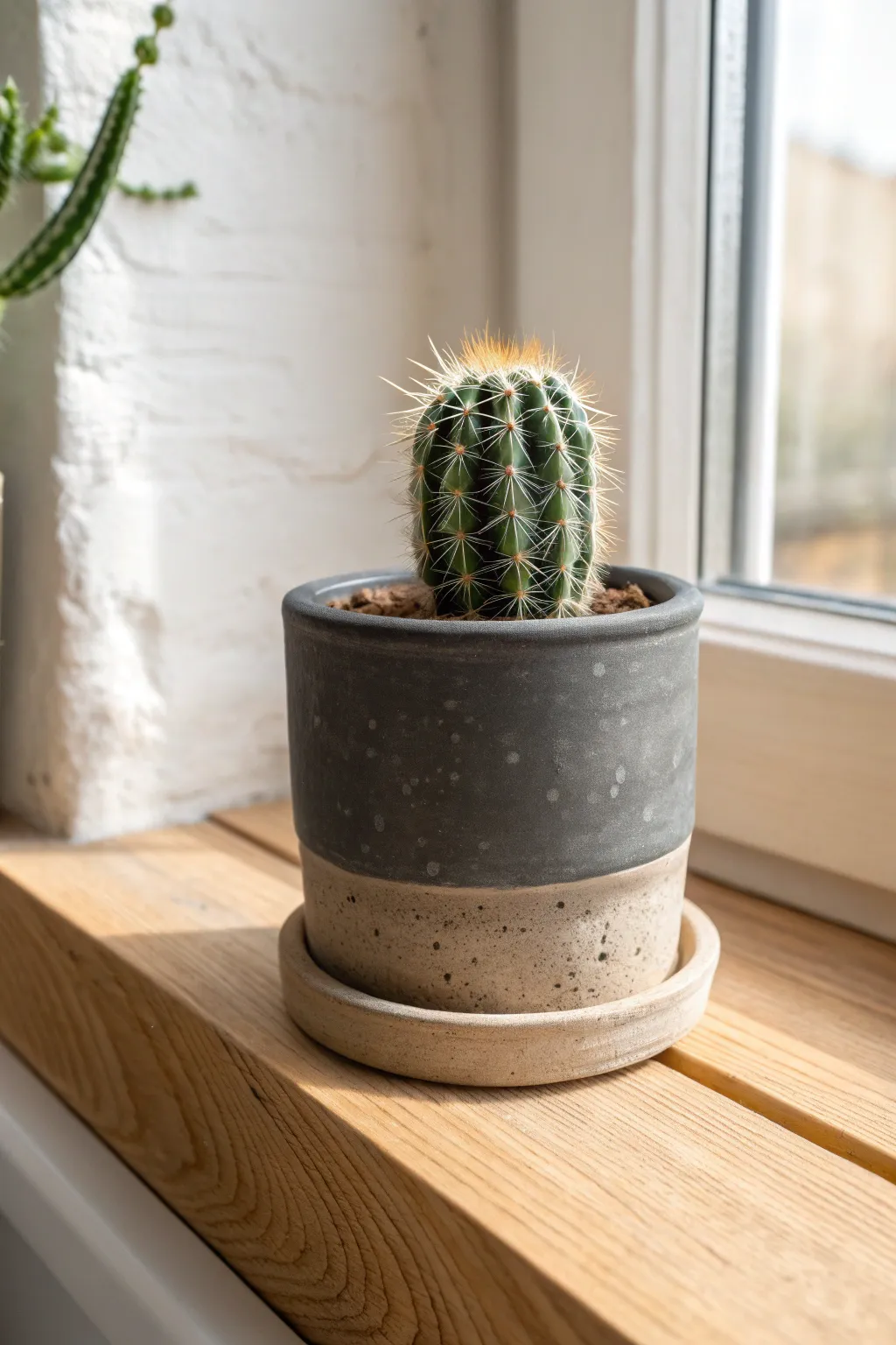 Minimal air dry clay planter for a cactus, clean lines and matte finish with warm natural contrast