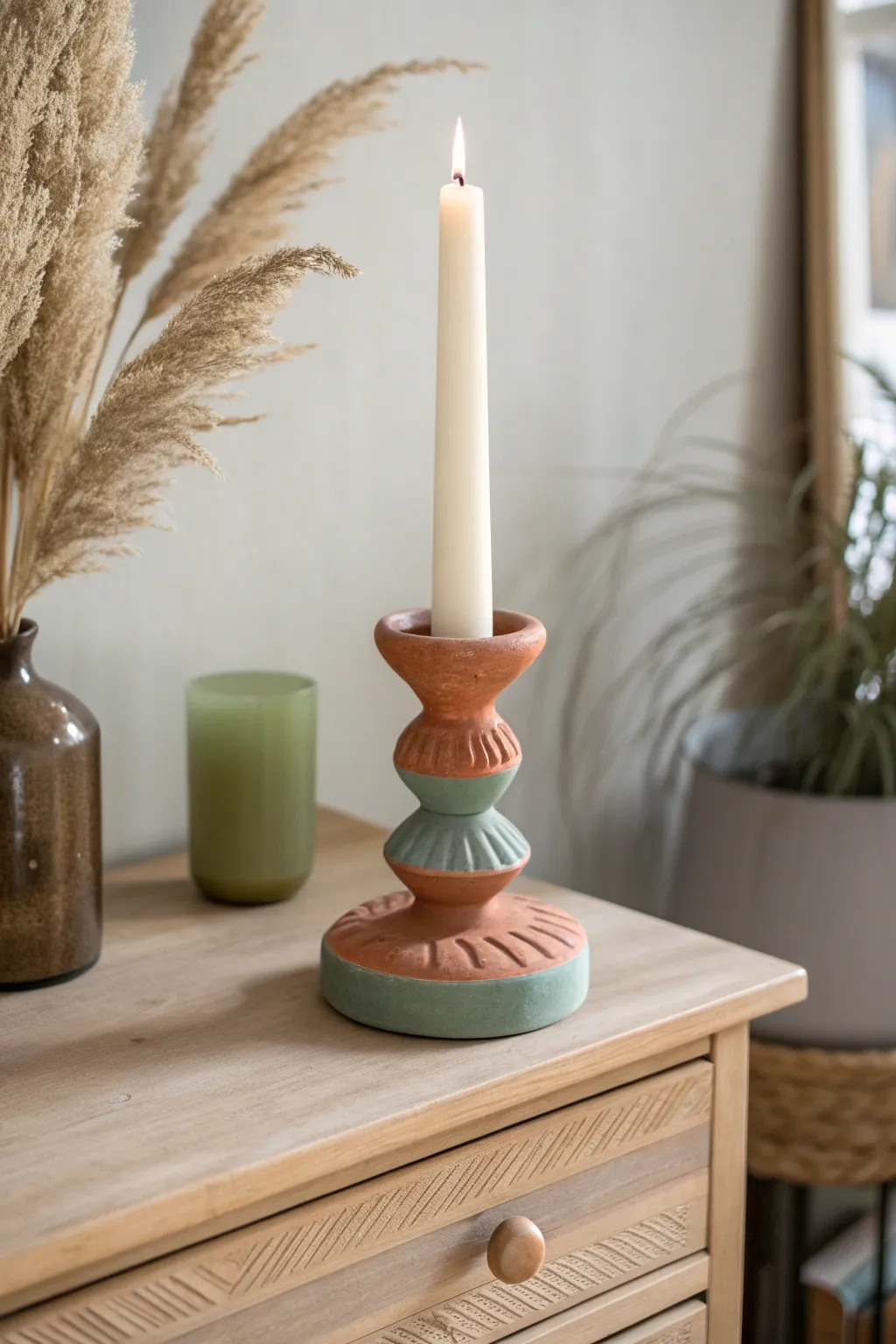Funky air-dry clay taper holder that adds a playful sculptural touch to a teen room decor.