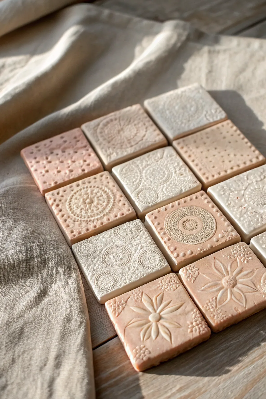 Sweet air dry clay texture tiles for toddlers, lace and dot patterns in a soft Scandinavian palette.
