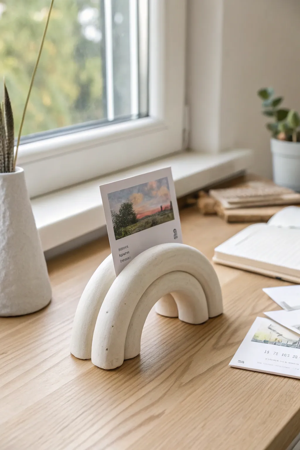 Make a sleek air dry clay card holder that elevates your desk with calm minimalist style.