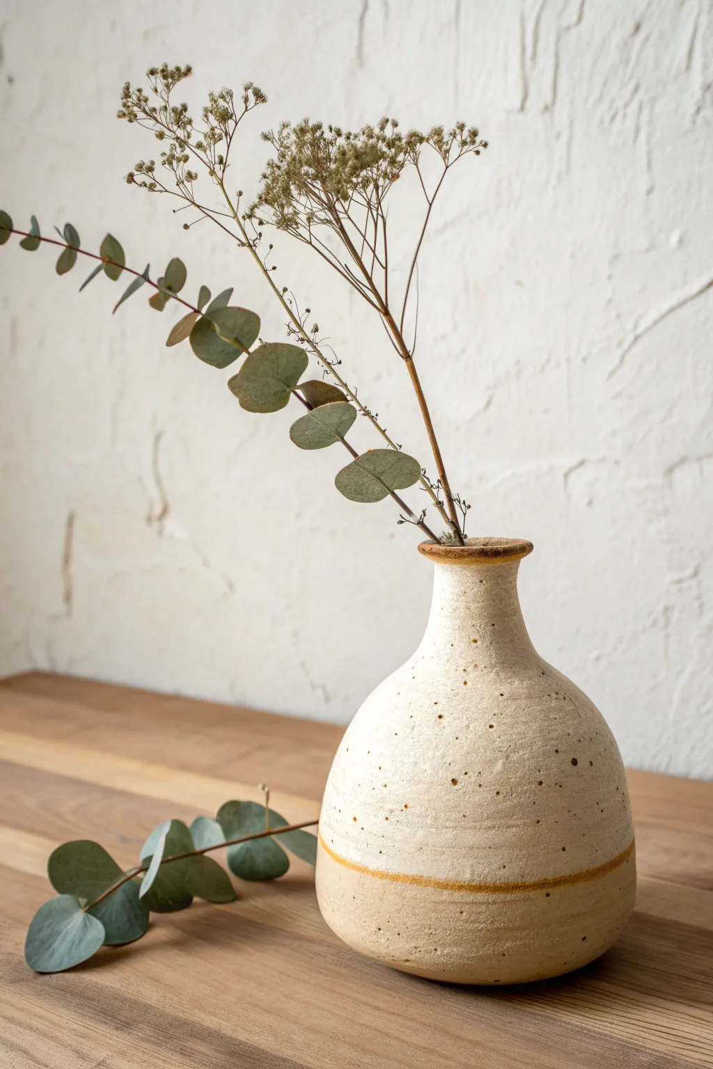 Tiny air dry clay bud vase with one dried stem, minimalist and perfect to sell online