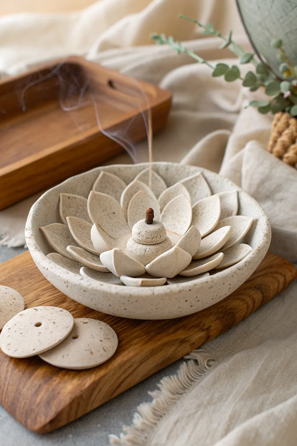 Lotus air dry clay incense bowl holder, minimalist petals that catch ash in calming style.
