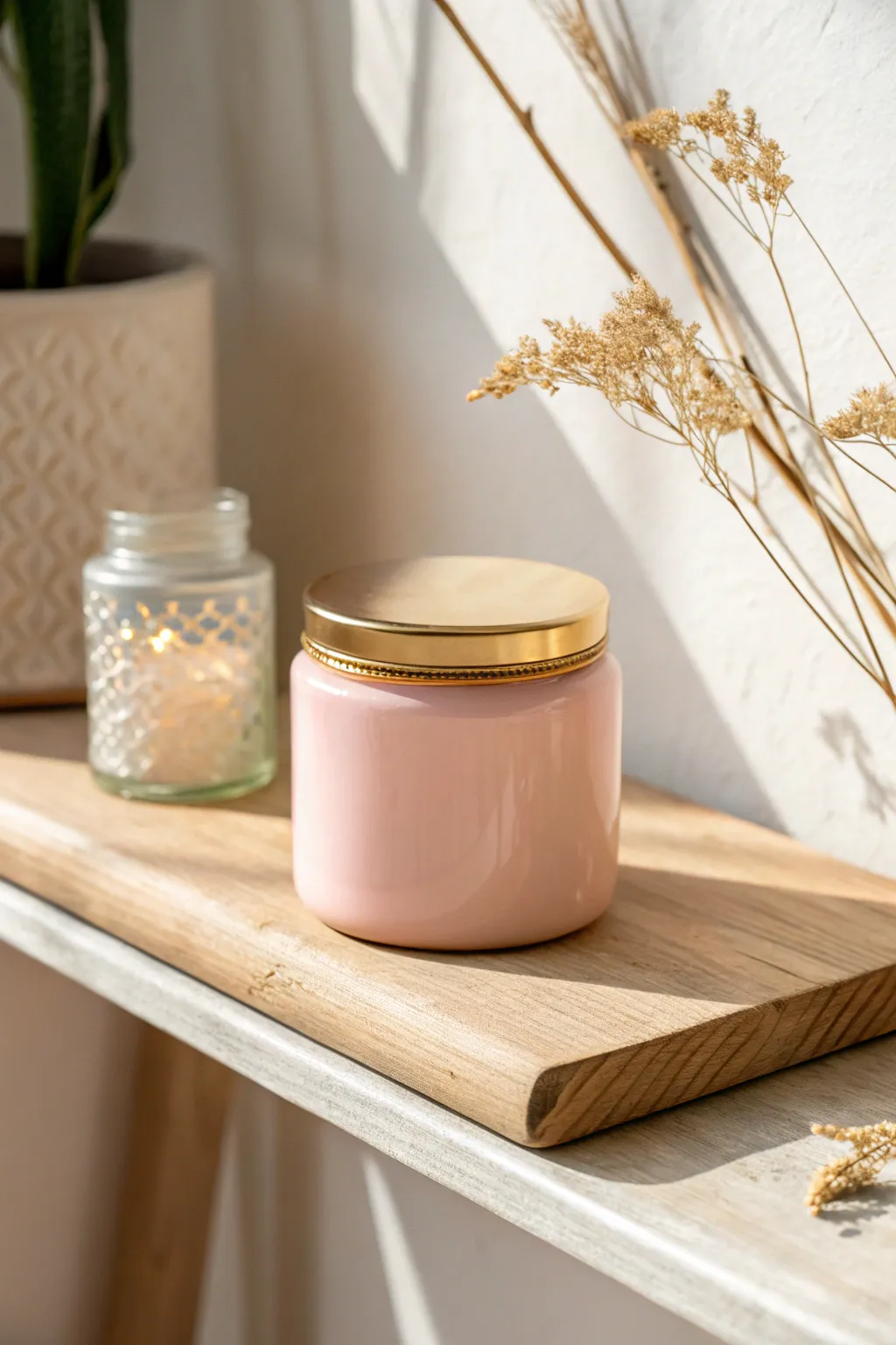 Soft pastel clay jar with a sleek metallic rim, styled minimal on a bright Scandinavian shelf