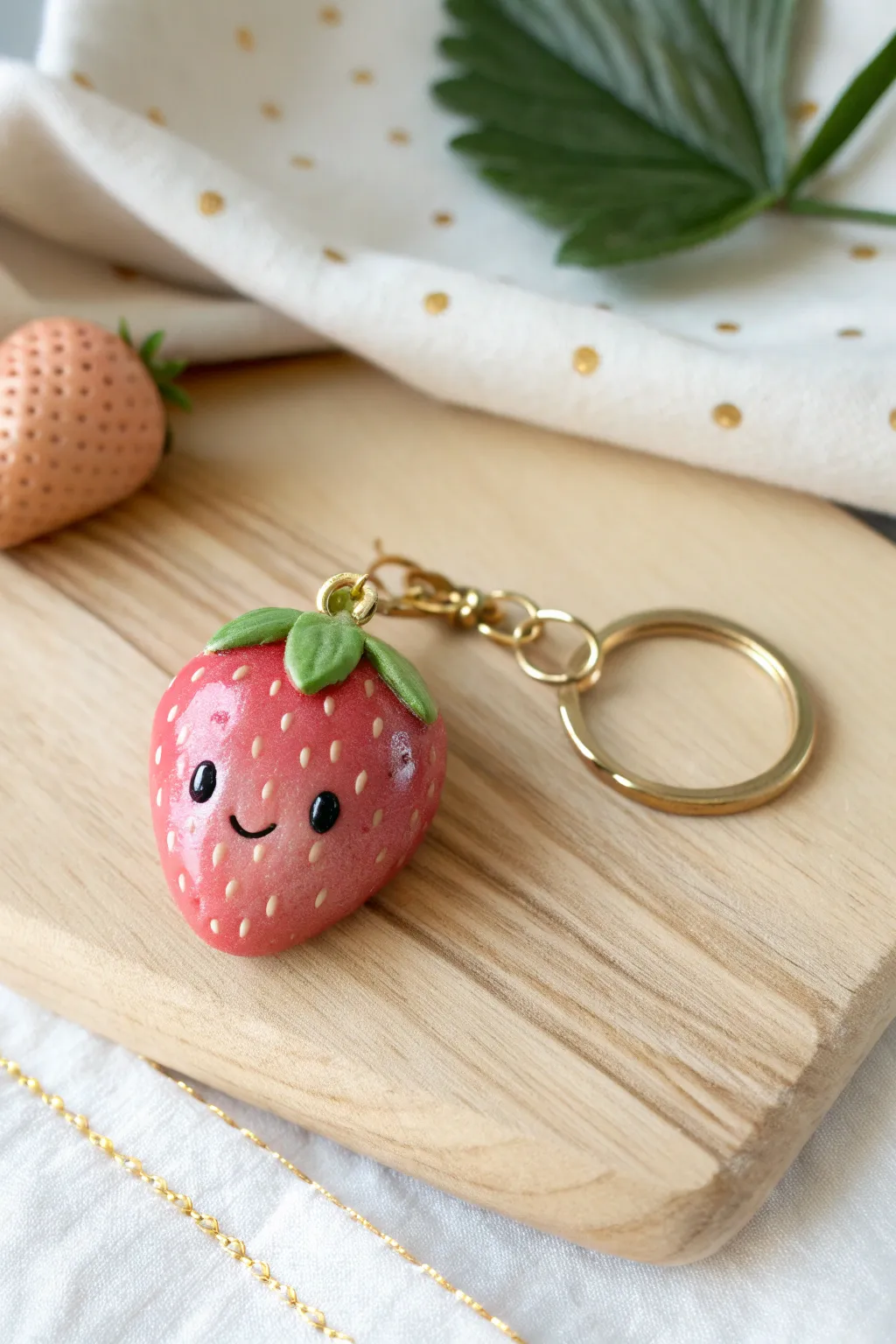 Sweet smiling strawberry clay keychain with glossy finish, perfect DIY gift and bag charm.