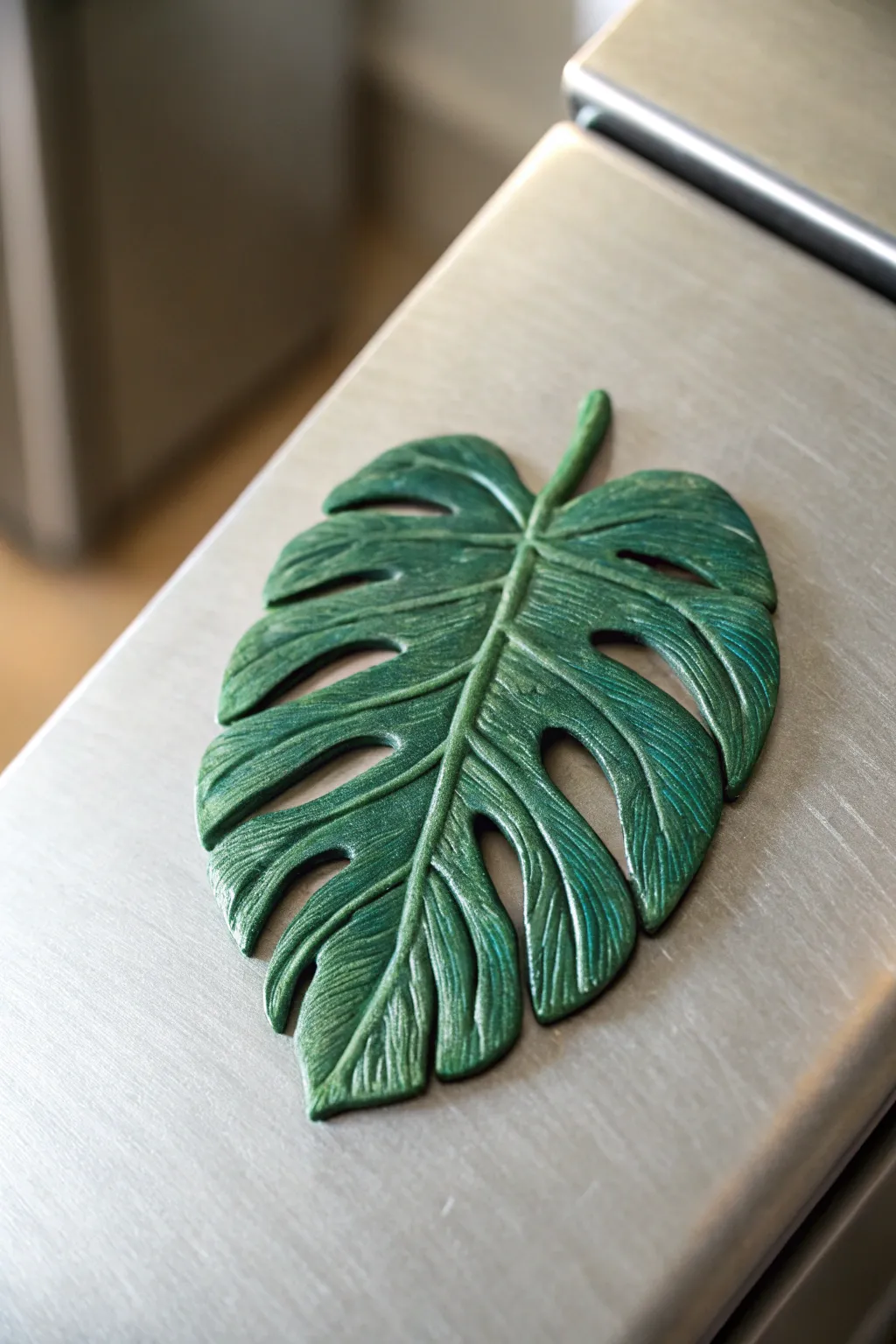 Leaf-imprint air dry clay magnet in soft greens brings minimalist botanical charm to your fridge