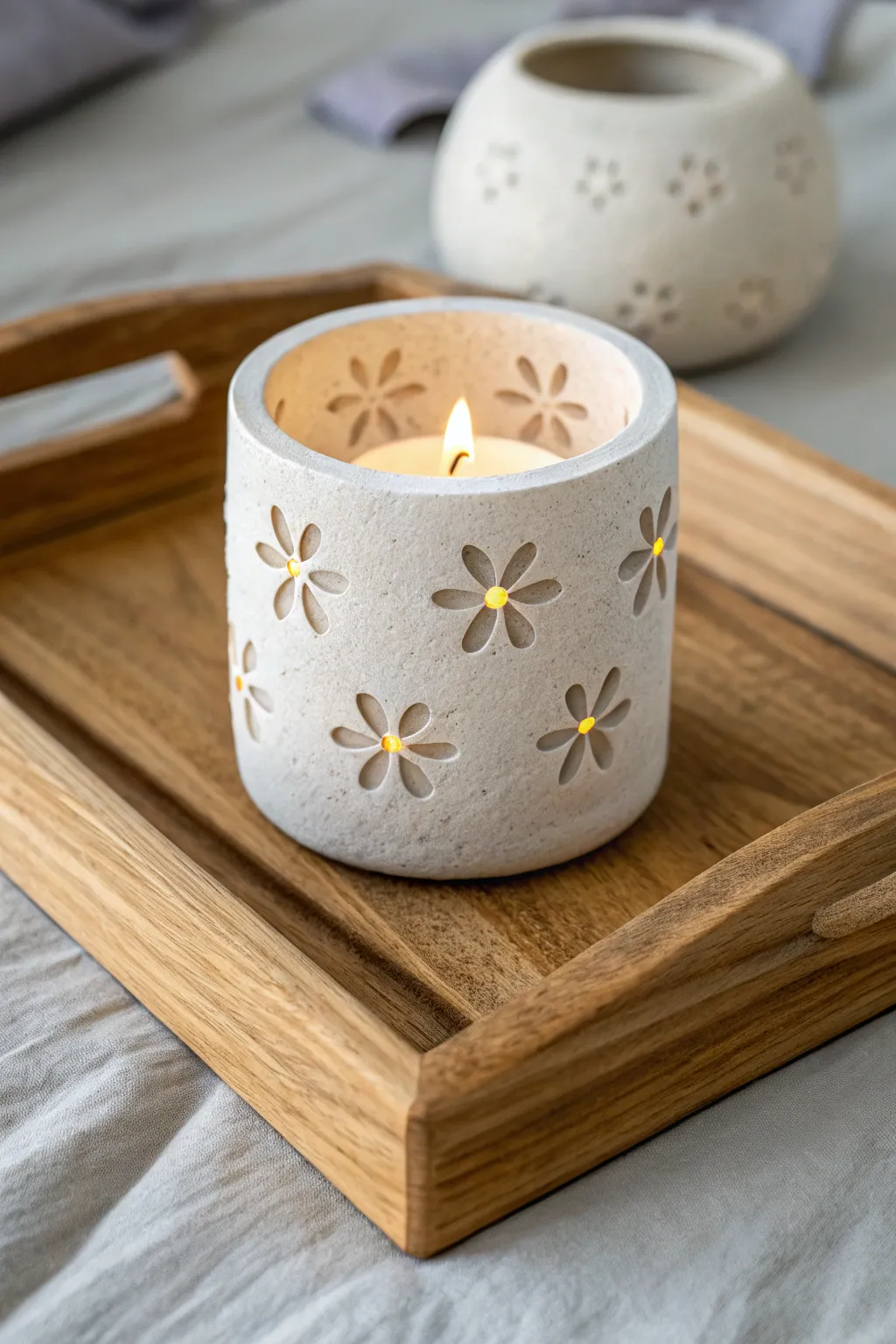 Simple air dry clay tea light holder with flower cutouts for a warm Mother’s Day glow