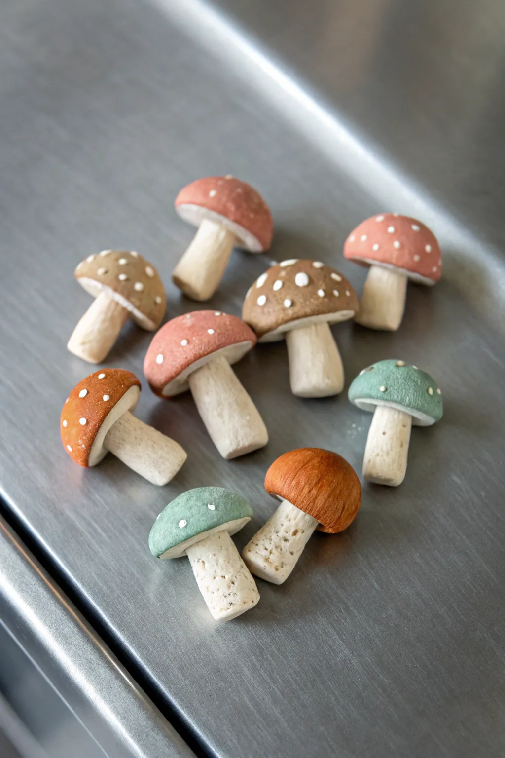 Tiny air dry clay mushroom magnets in a sweet mini patch, simple, earthy, and handmade