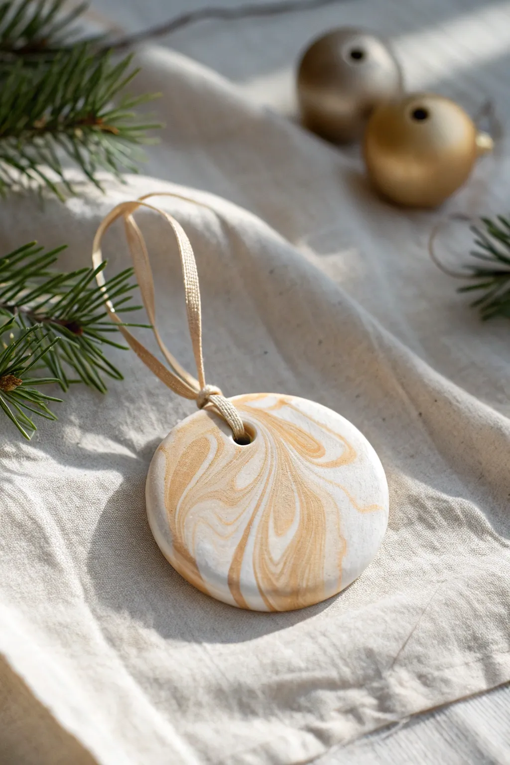Soft marbled air-dry clay ornament in neutral tones, a simple handmade holiday touch.