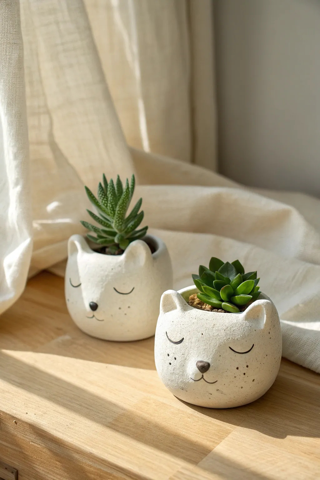 Cute air dry clay bear and cat mini planters with tiny succulents, styled Scandinavian boho.