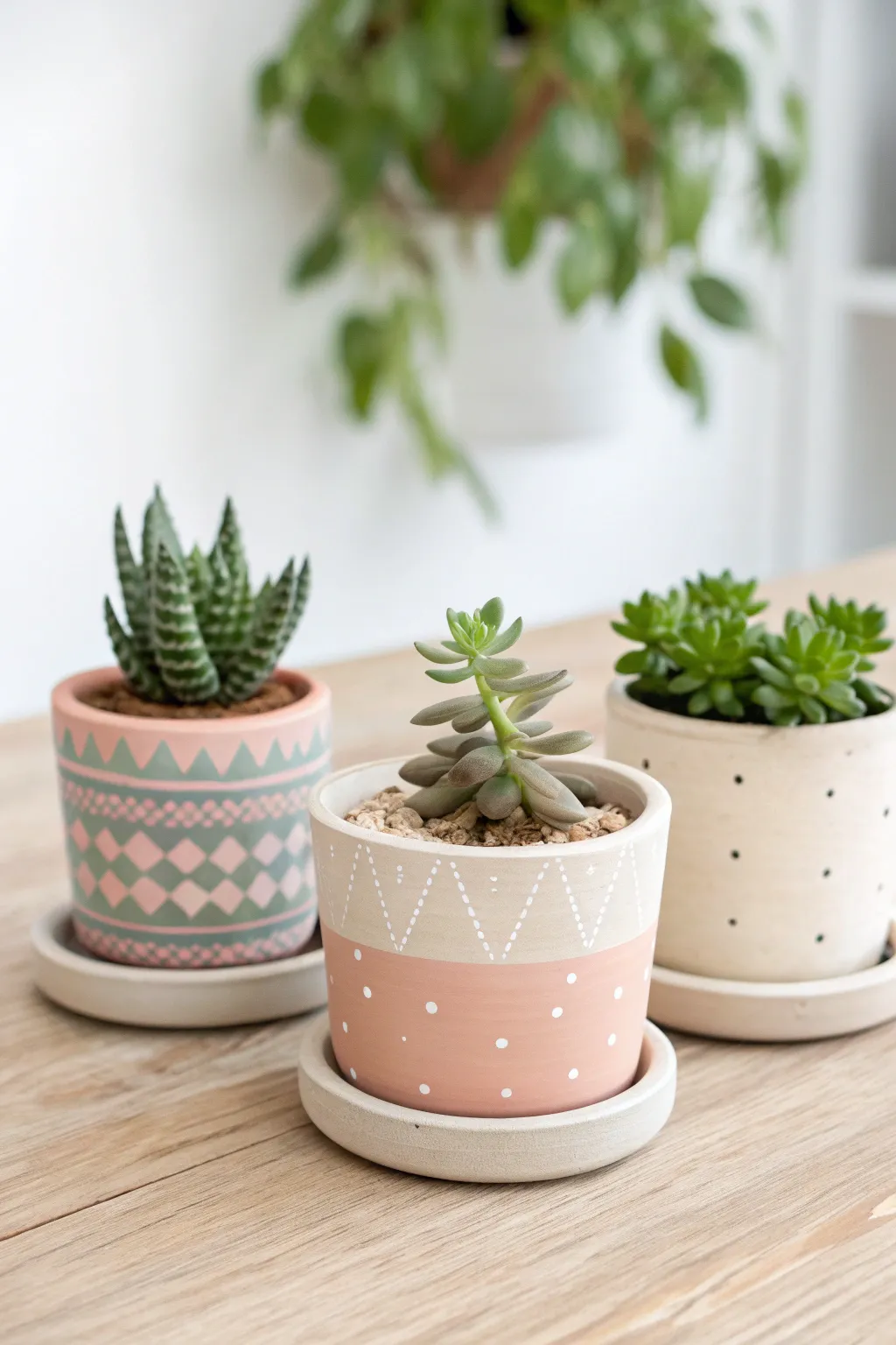 Easy air dry clay mini pots with polka dots, dashes, and checks in soft muted tones