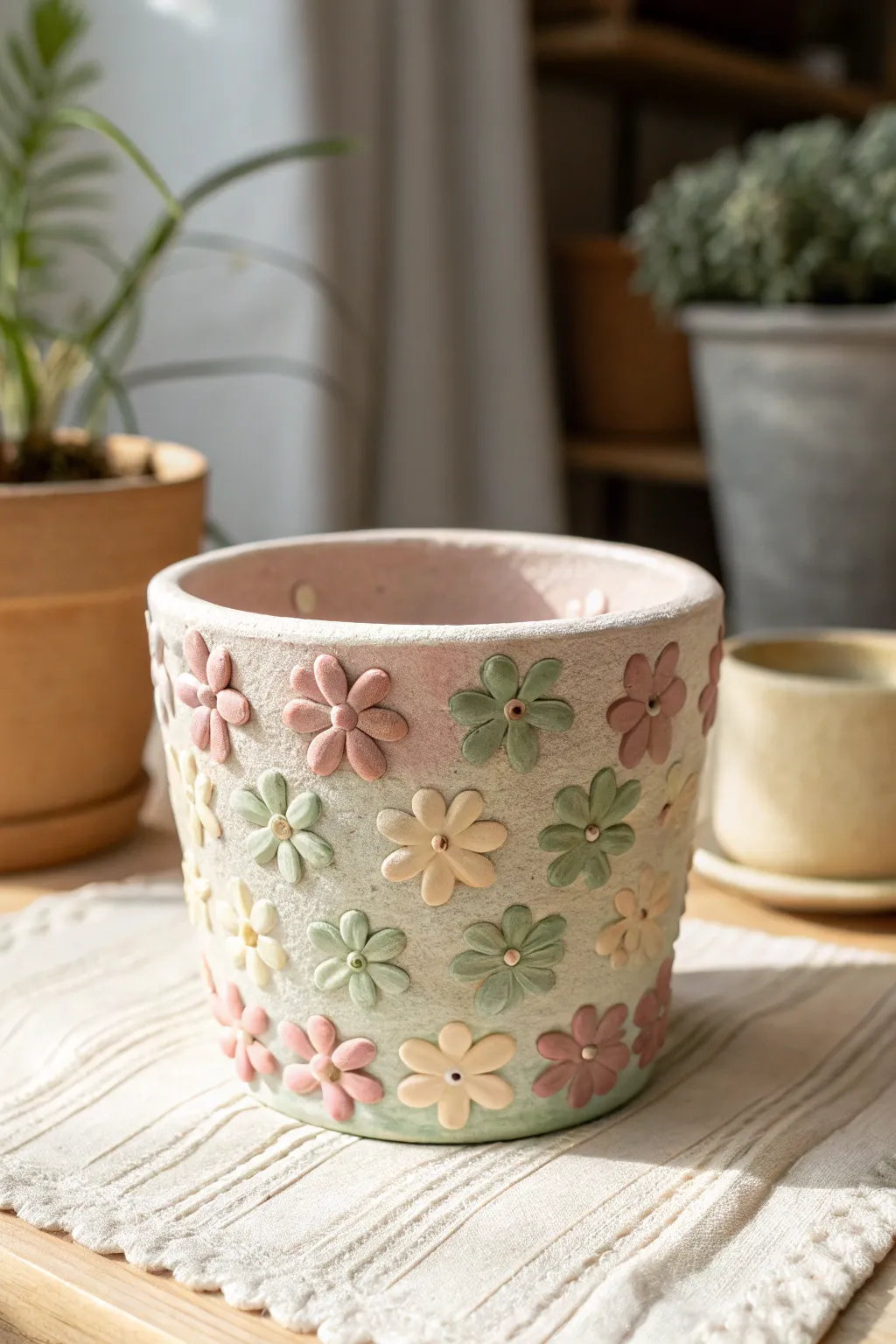 Sweet raised flower appliqué pot in soft pastels, a minimalist air dry clay gift idea.