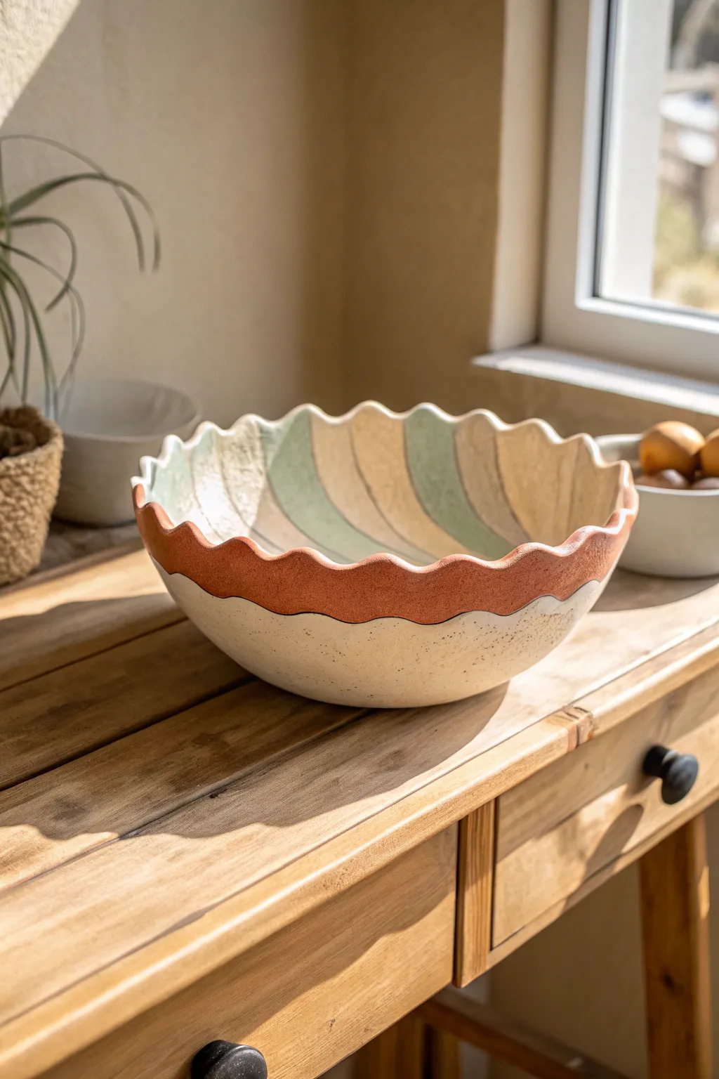 Wavy-edge color-blocked catchall bowl brings bold, handmade charm to a minimal console.