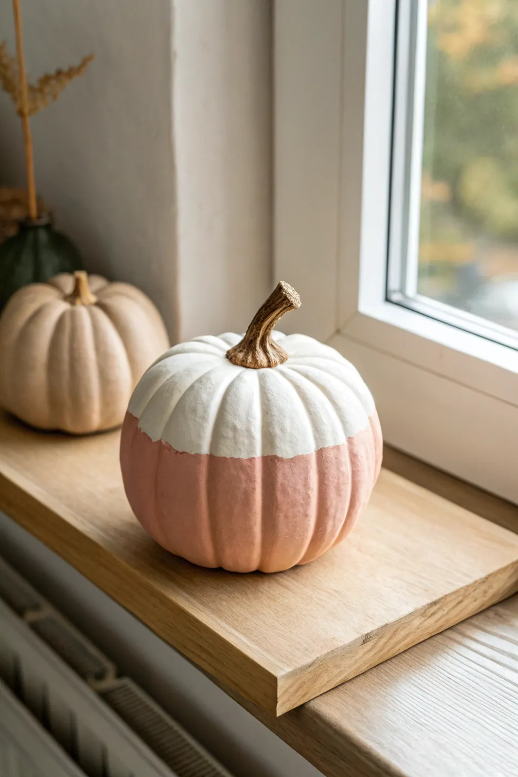 Two-tone air-dry clay pumpkin in terracotta and blush for minimalist, cozy autumn styling