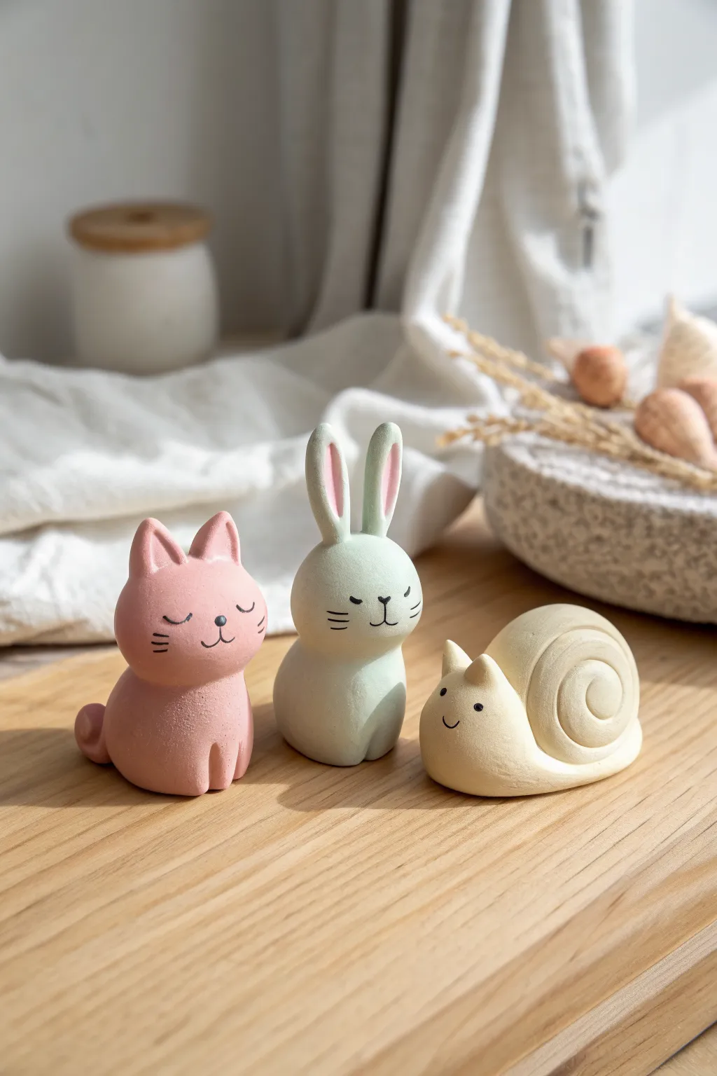 Cute pastel air-dry clay mini animals on warm wood, a simple beginner figurine idea.
