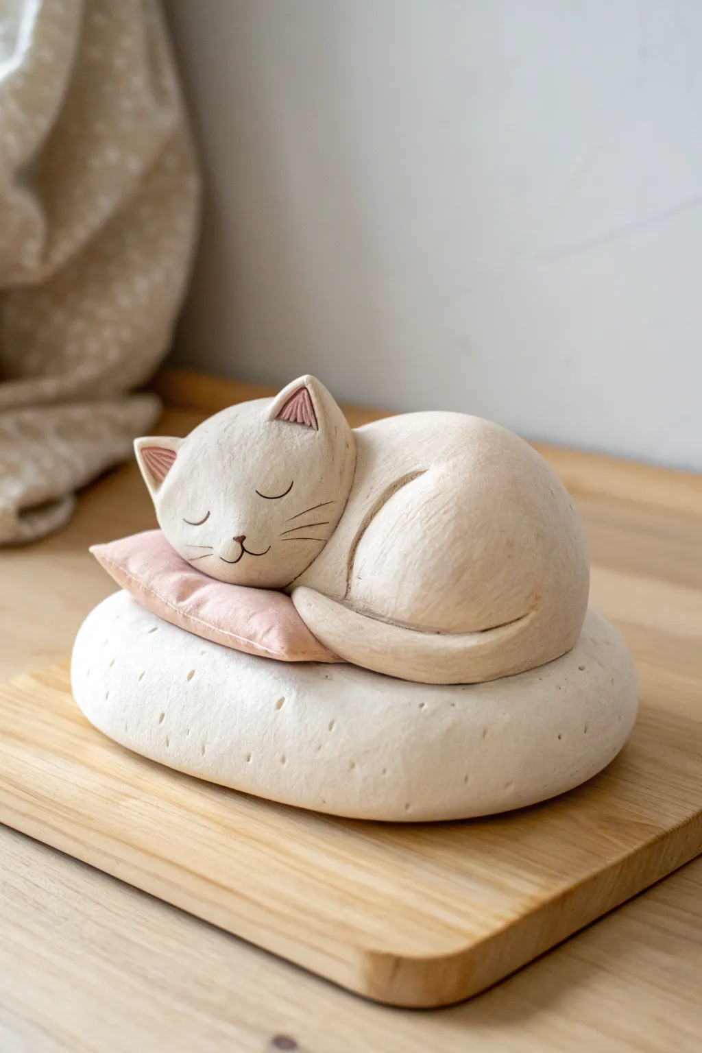 Sweet air dry clay sleeping pet on a tiny pillow, minimalist and cozy with soft warm shading.