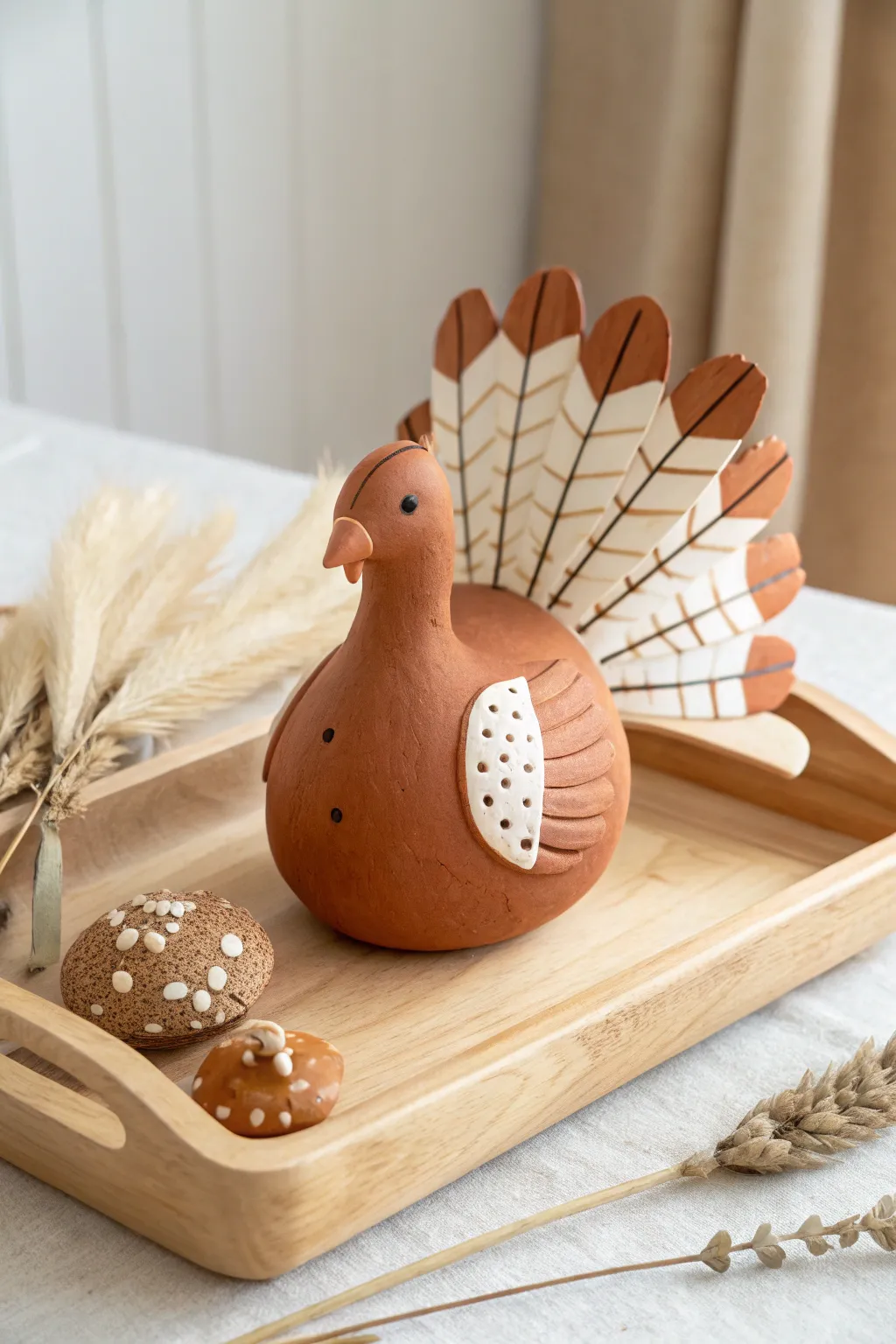 Air-dry clay turkey with real feather tail for a minimalist boho Thanksgiving centerpiece
