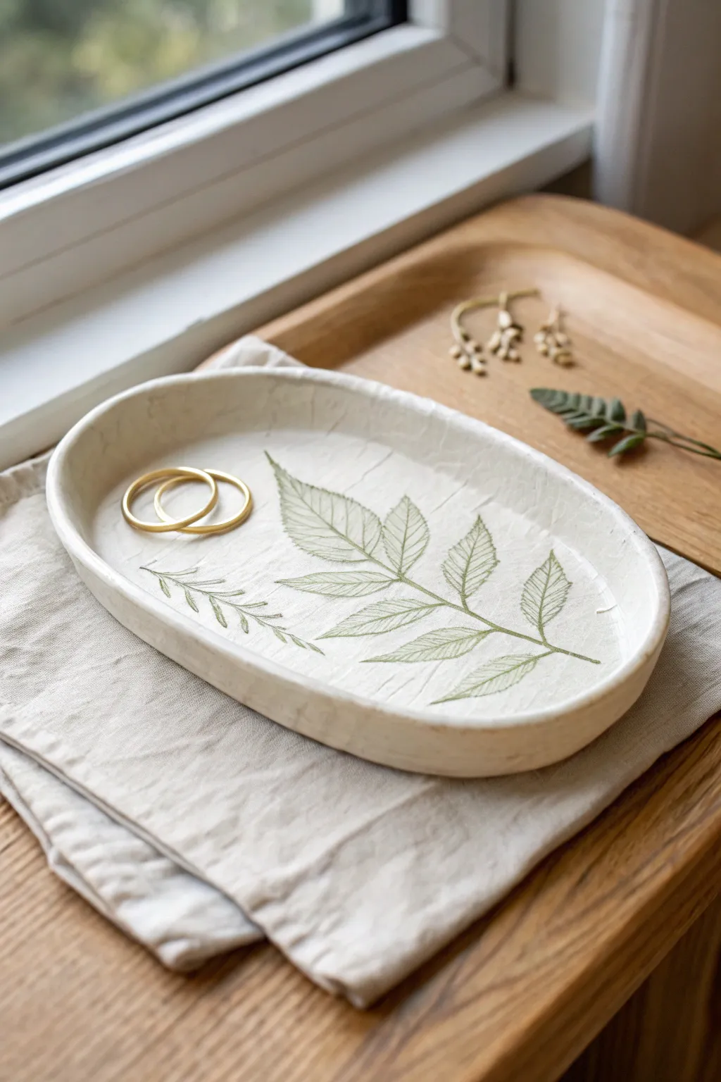 Minimal white clay tray with a pressed leaf imprint and soft green veins, styled with earrings.
