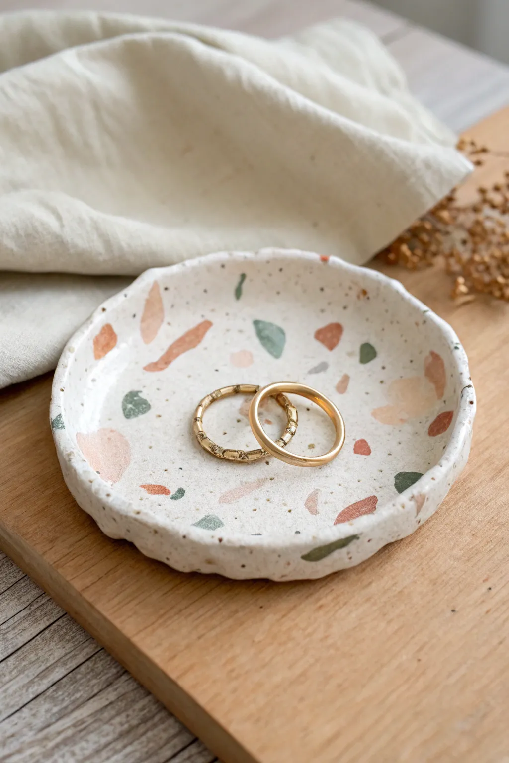 Terrazzo confetti air dry clay trinket dish idea, perfect for rings and tiny treasures.