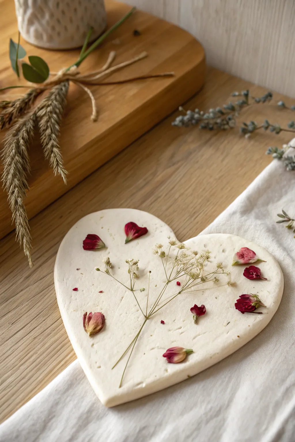 Pressed-petal heart plaque in air-dry clay, minimalist Valentine decor with soft romantic light