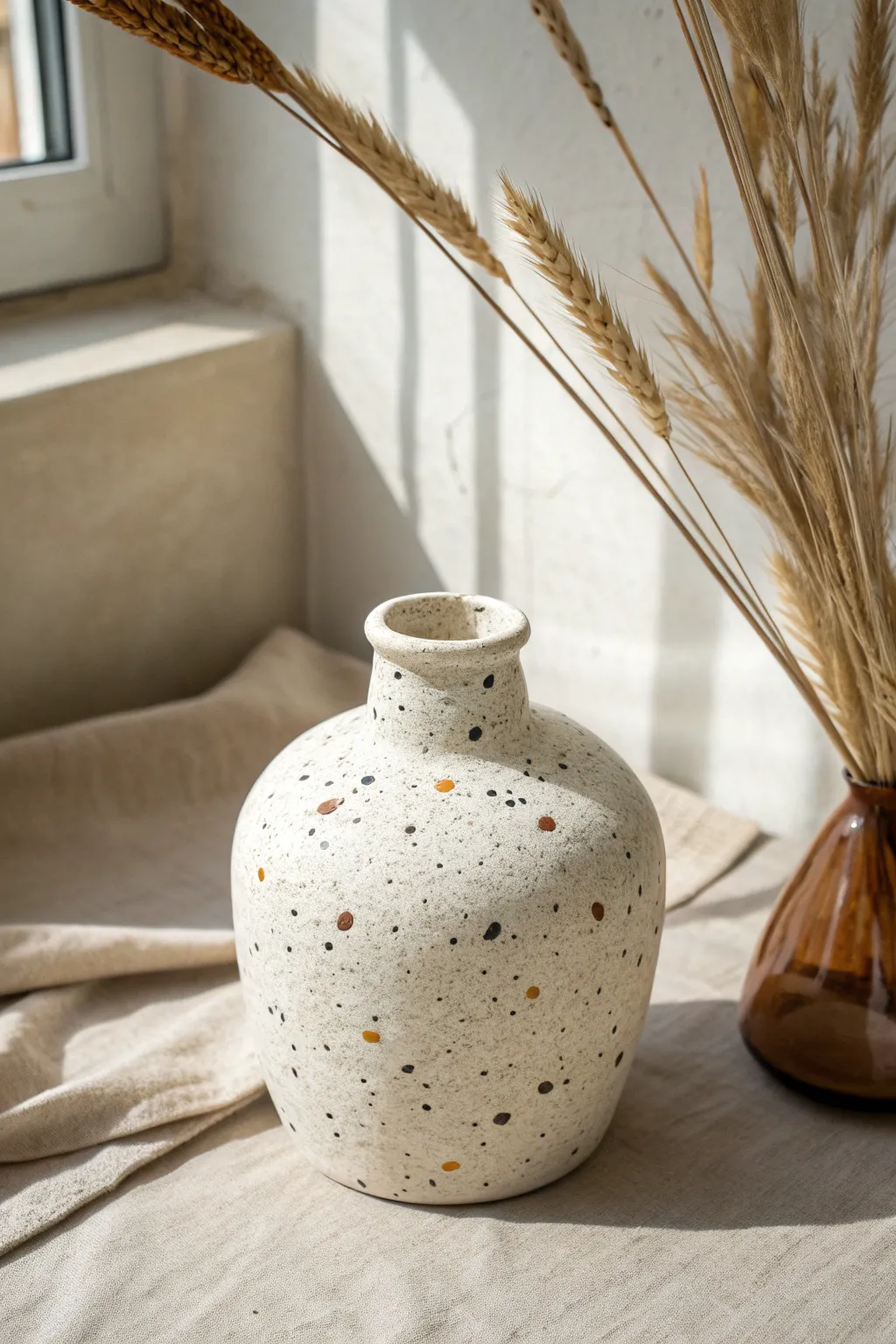 Speckled terrazzo air-dry clay vase with dried florals, minimalist and softly boho