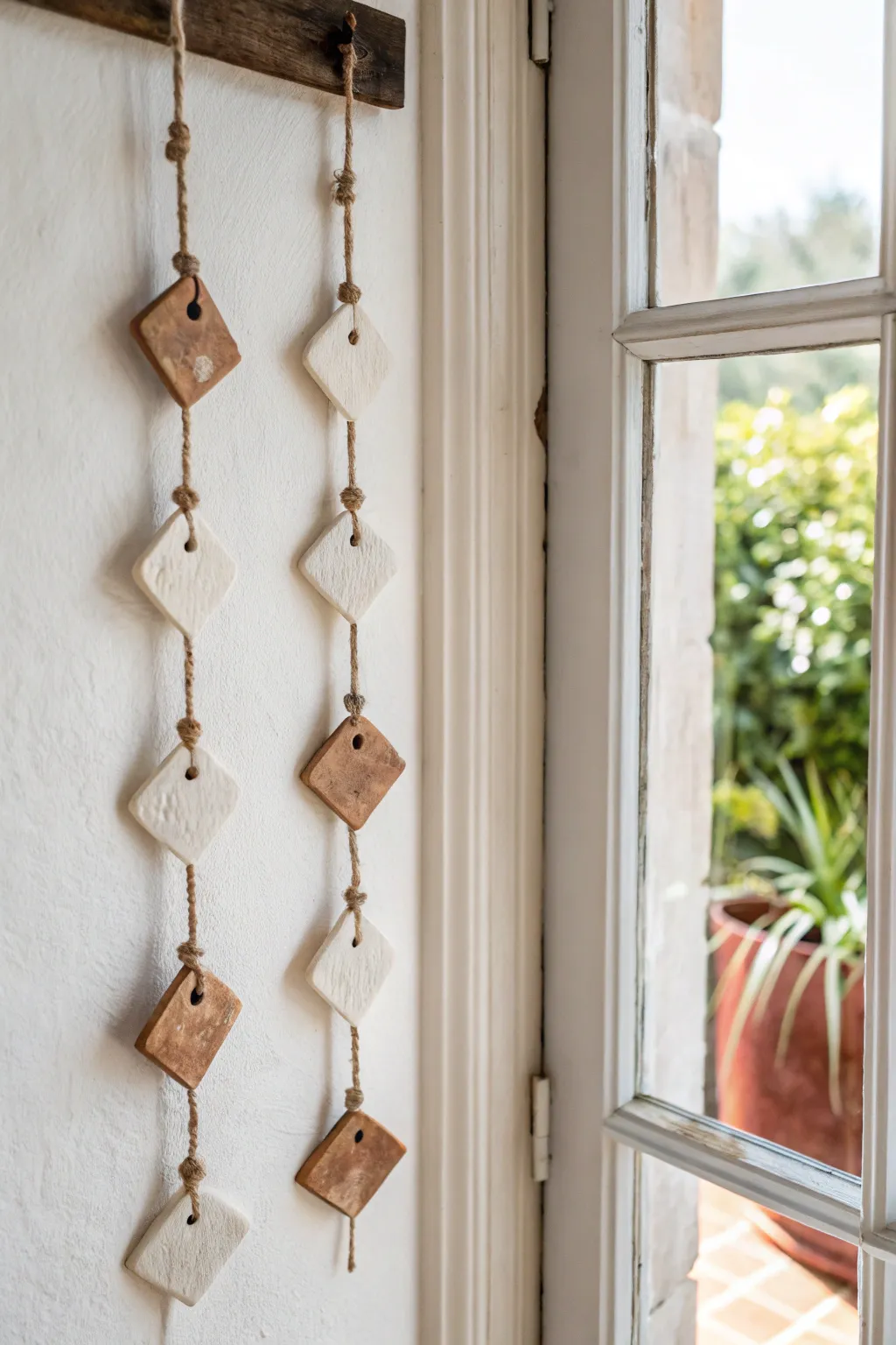 Minimalist clay tile garland wall hanging in soft neutrals, simple air dry craft with boho warmth