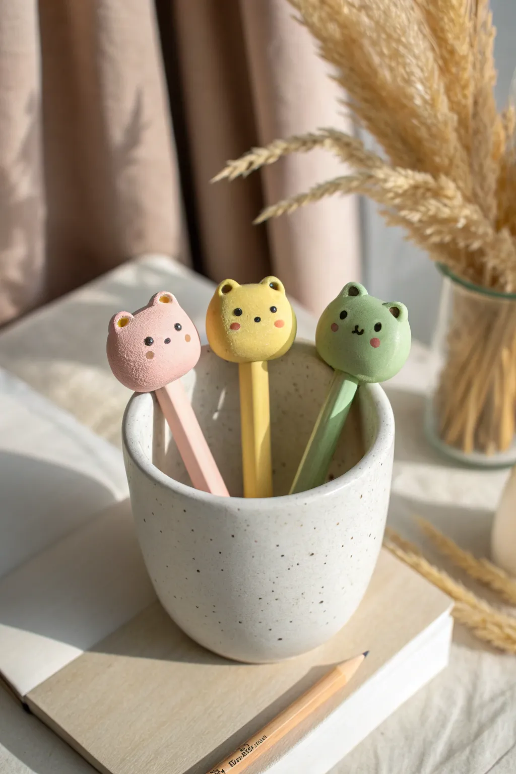 Cute mini animal air dry clay pencil toppers in a neutral cup, a simple beginner project.