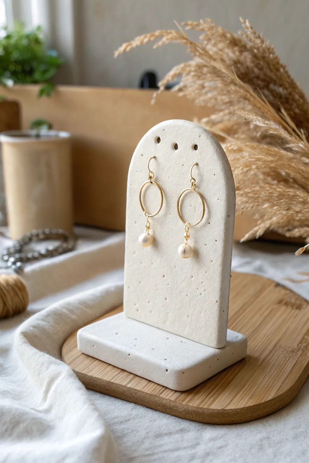 Minimal air dry clay earring stand with neat holes, styled on a warm Scandinavian vanity.