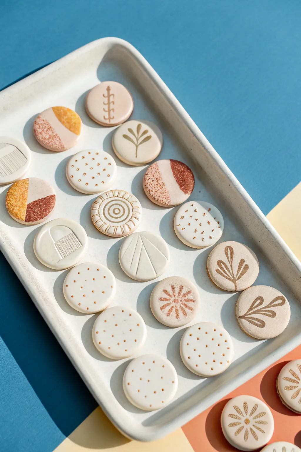 Textured air dry clay fridge magnets arranged in a clean grid for a bright, minimal boho look