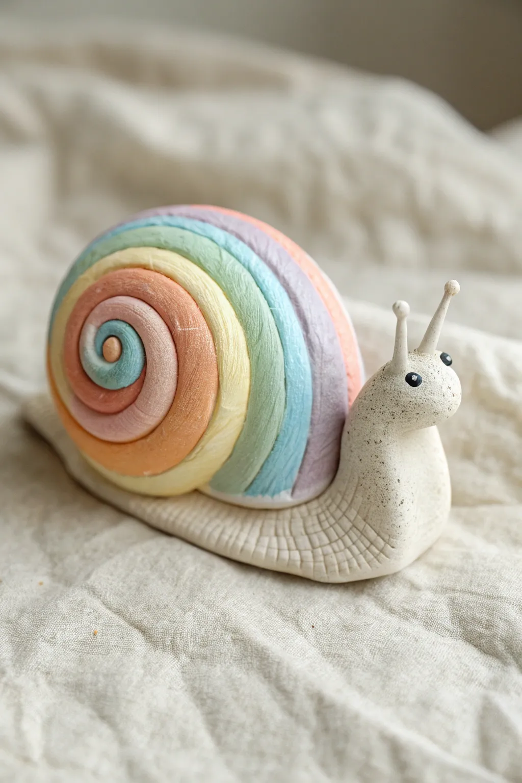 Rainbow spiral-shell clay snail on a neutral backdrop, minimalist, bright, and craft-inspired