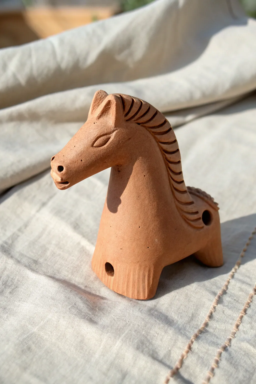 Simple handmade horse clay whistle with textured mane, clean lines, and warm earthy tones