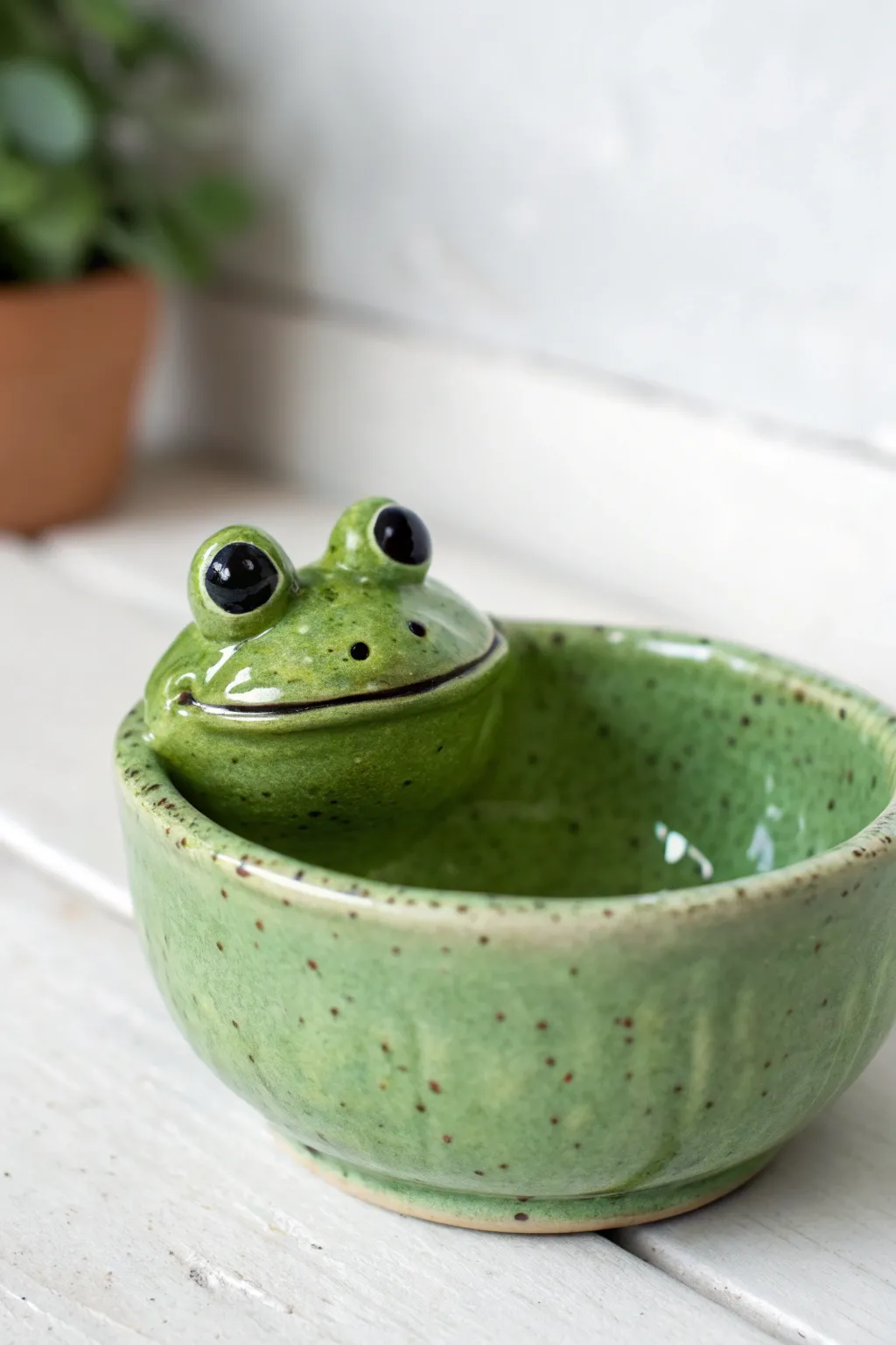 Bright green frog pinch pot with wide eyes and a sweet grin, clean minimal photo on white.