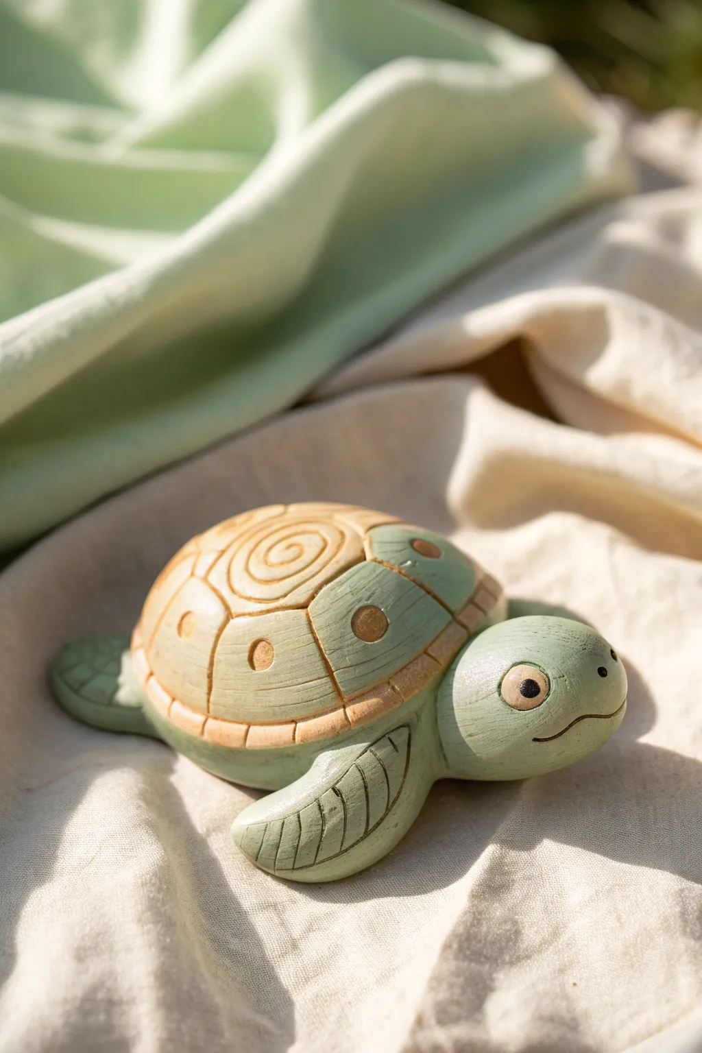Palm-size clay turtle with a simple swirl shell, soft green body and warm tan finish.