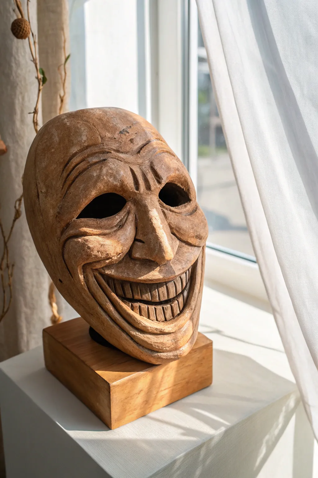 Bold clay grin mask with sculpted teeth, matte skin tones and shadowed wrinkles for drama.