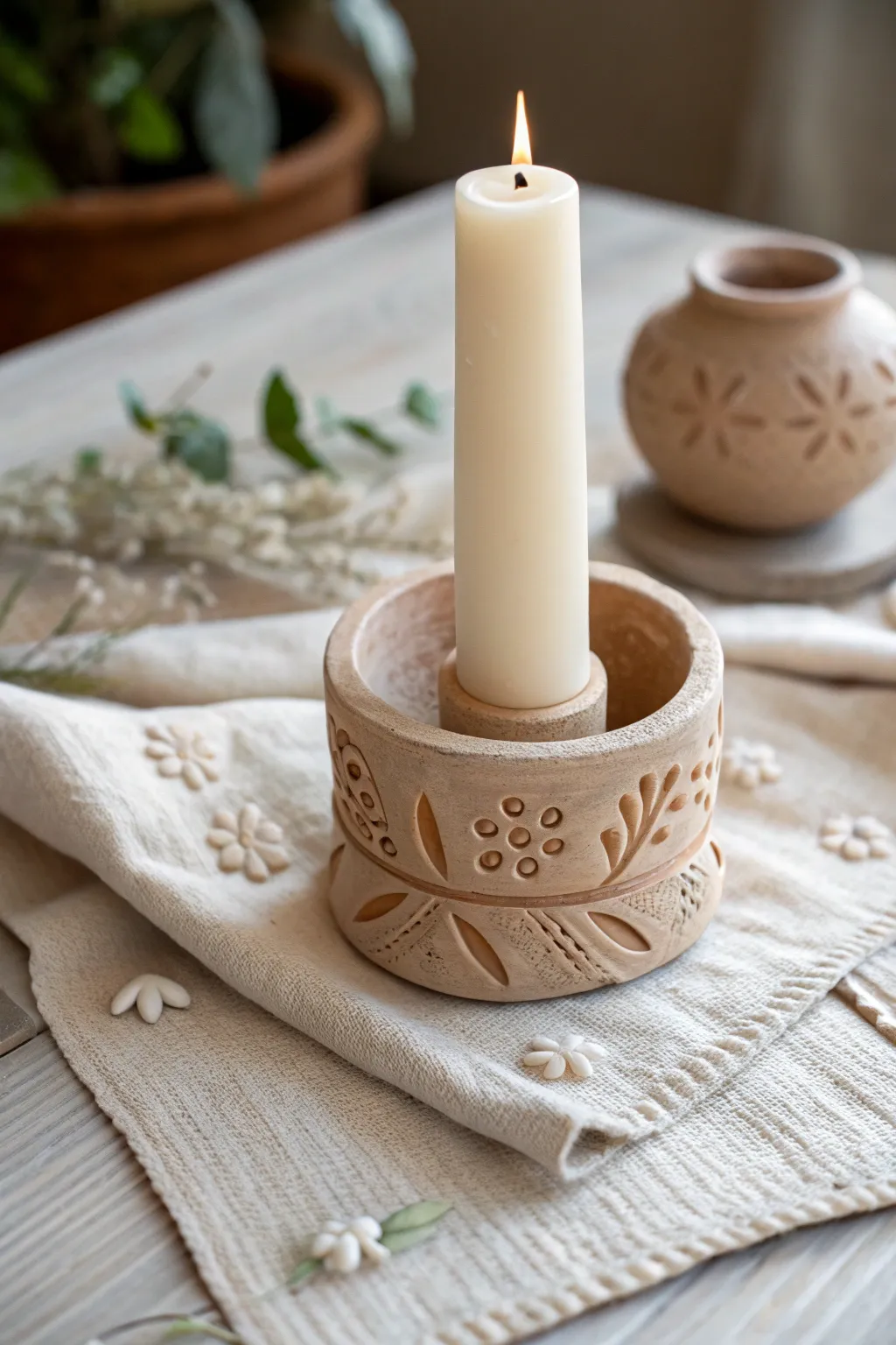 Cozy sculptural clay candle holder with simple floral details, minimalist and handmade