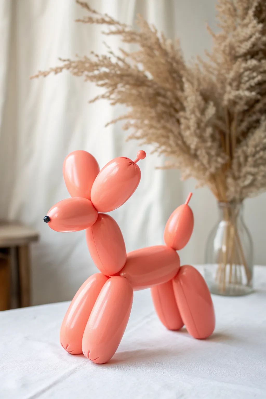 Balloon-animal clay dog in a bold color, a playful minimalist sculpture for easy DIY pottery.