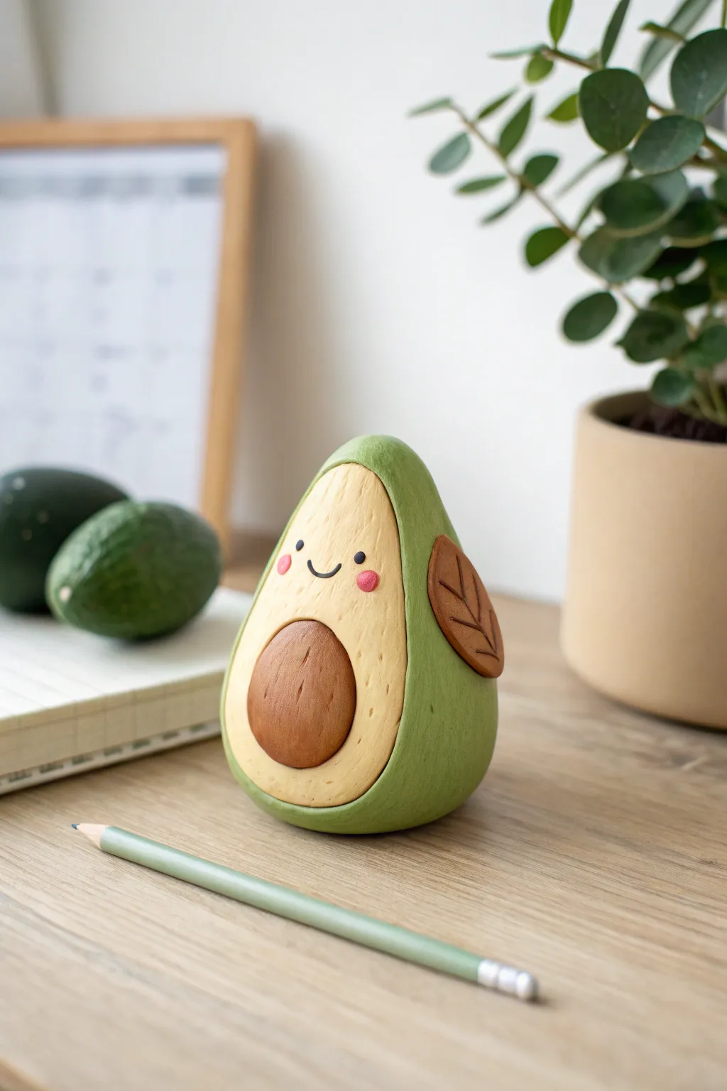 Sweet mini clay avocado with a pit belly and tiny smile, styled minimal on a light desk.