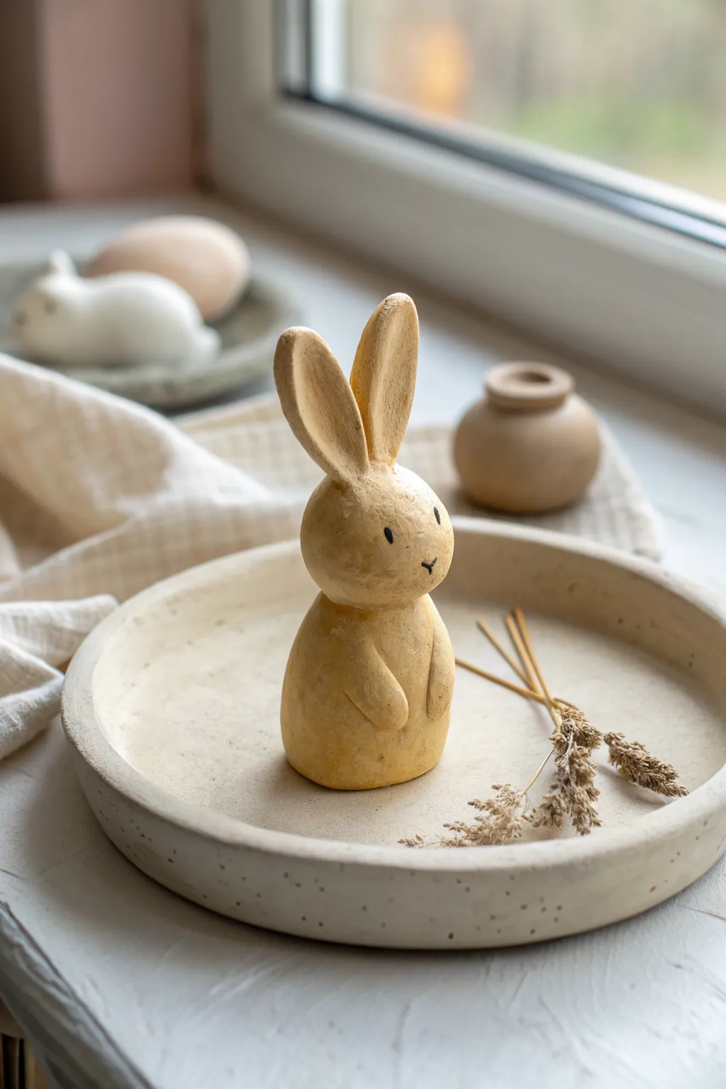 Mini clay bunny with simple ears in cream, minimalist desk buddy decor that is easy to make.