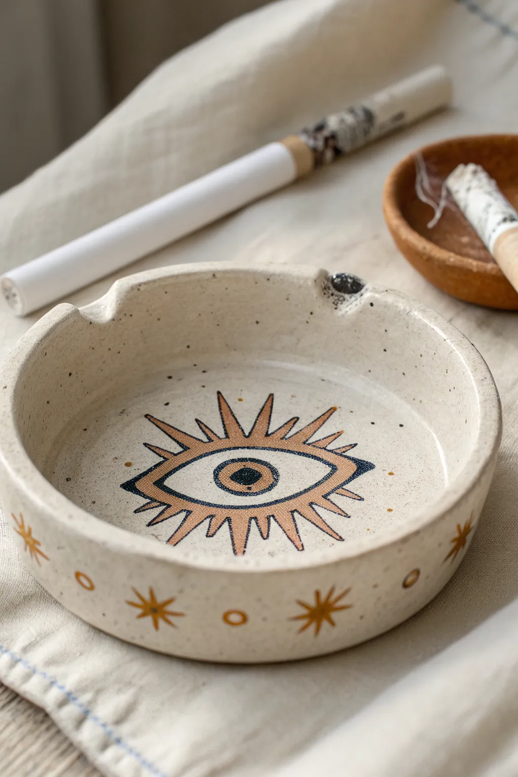 Minimal clay ash tray with a mystic eye center and tiny stars, simple boho elegance.
