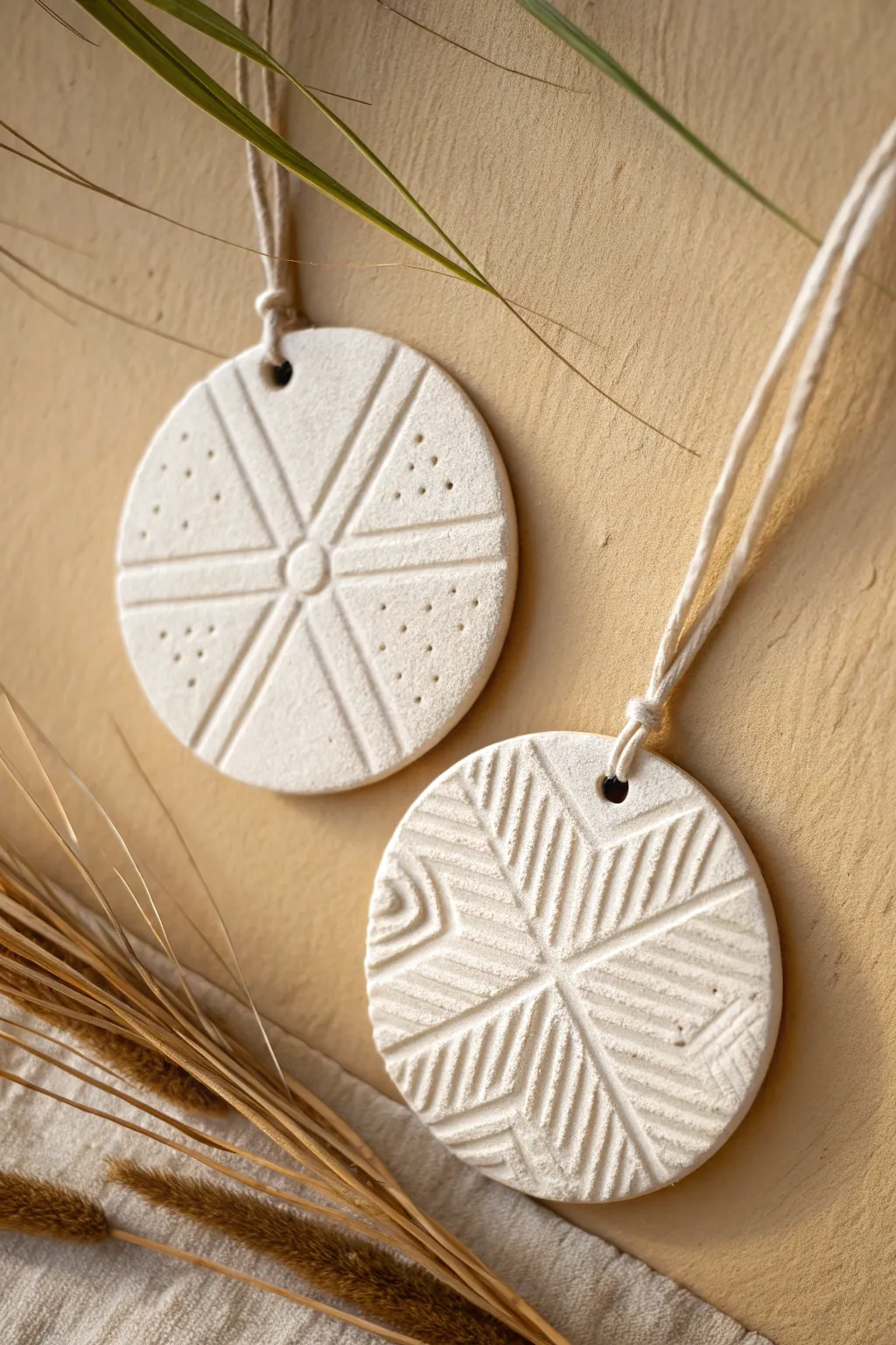 Romantic pressed-pattern clay medallions, softly minimal and ready to hang at home.