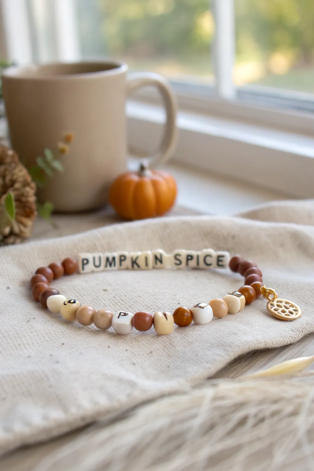Latte-toned clay bead bracelet with a tiny pumpkin charm for cozy pumpkin spice season.