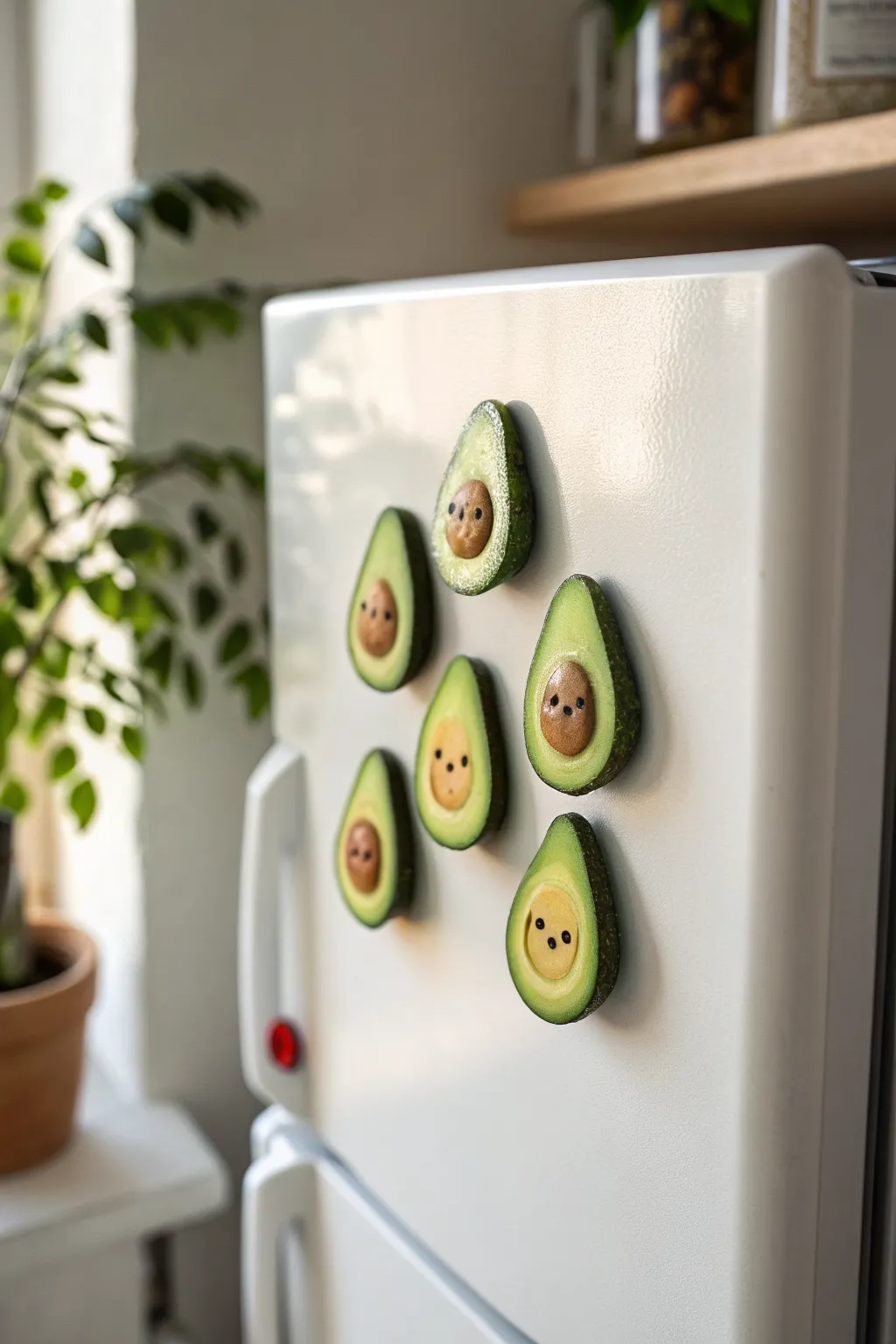 Handmade avocado clay fridge magnets in cute expressions, minimalist and boho on a white fridge