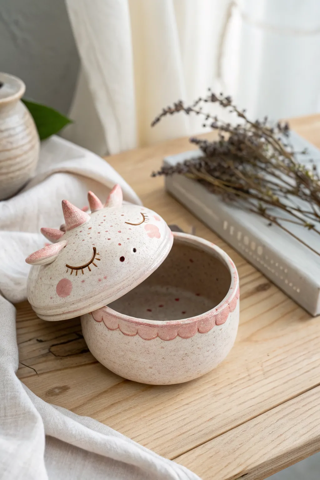 Sleepy axolotl keepsake box with a peek inside, minimalist clay charm for tiny treasures.