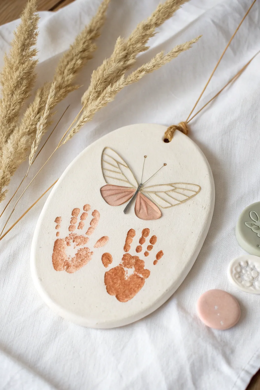 Two baby handprints become delicate butterfly wings on a minimalist clay keepsake plaque