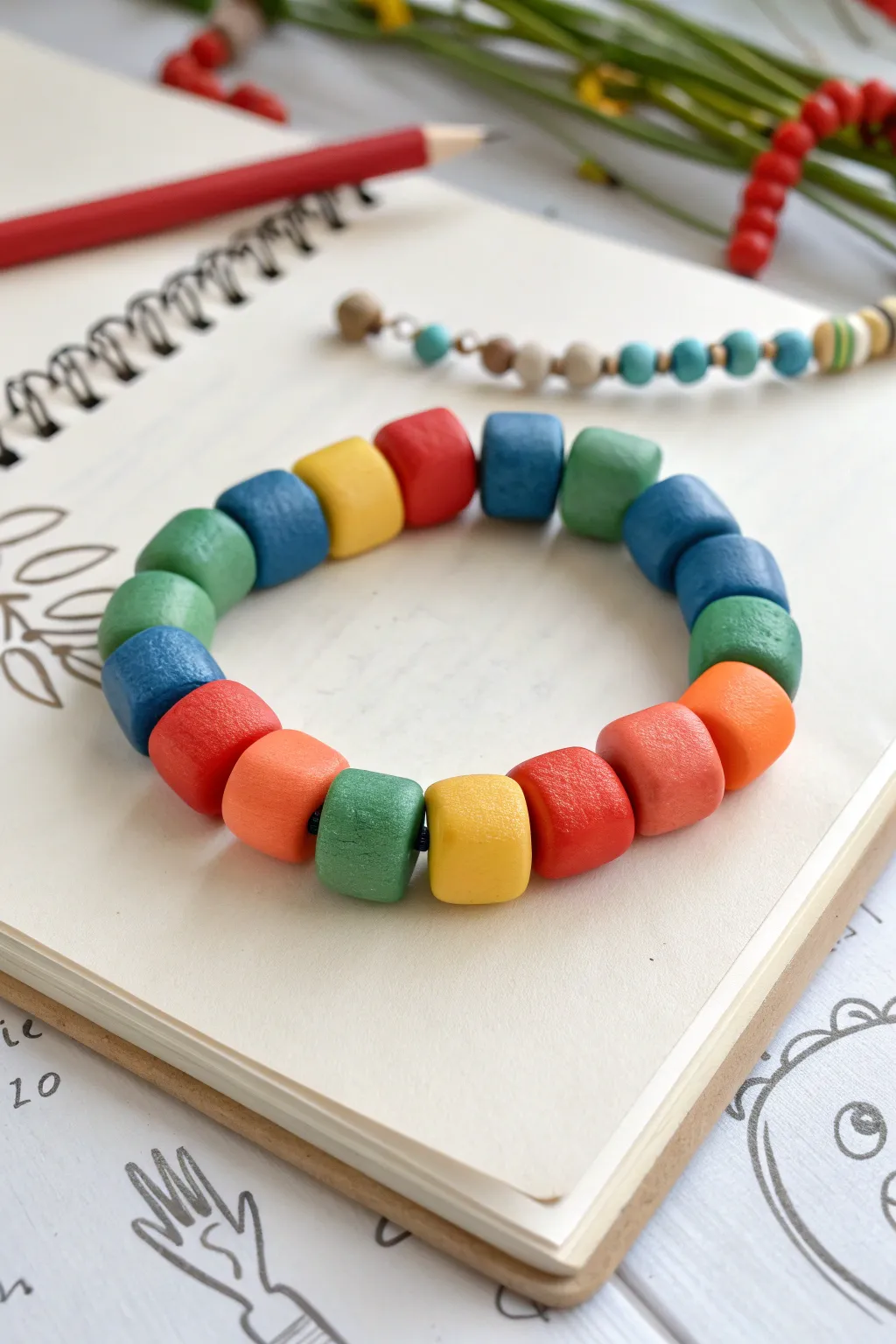 Crayon box color block clay bracelet in playful brights with calm neutral spacers