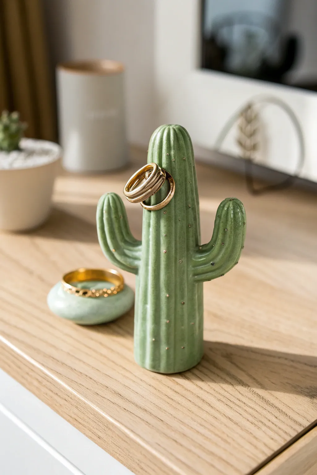 Minimal cactus clay ring holder with stacked rings, styled on a light wood dresser