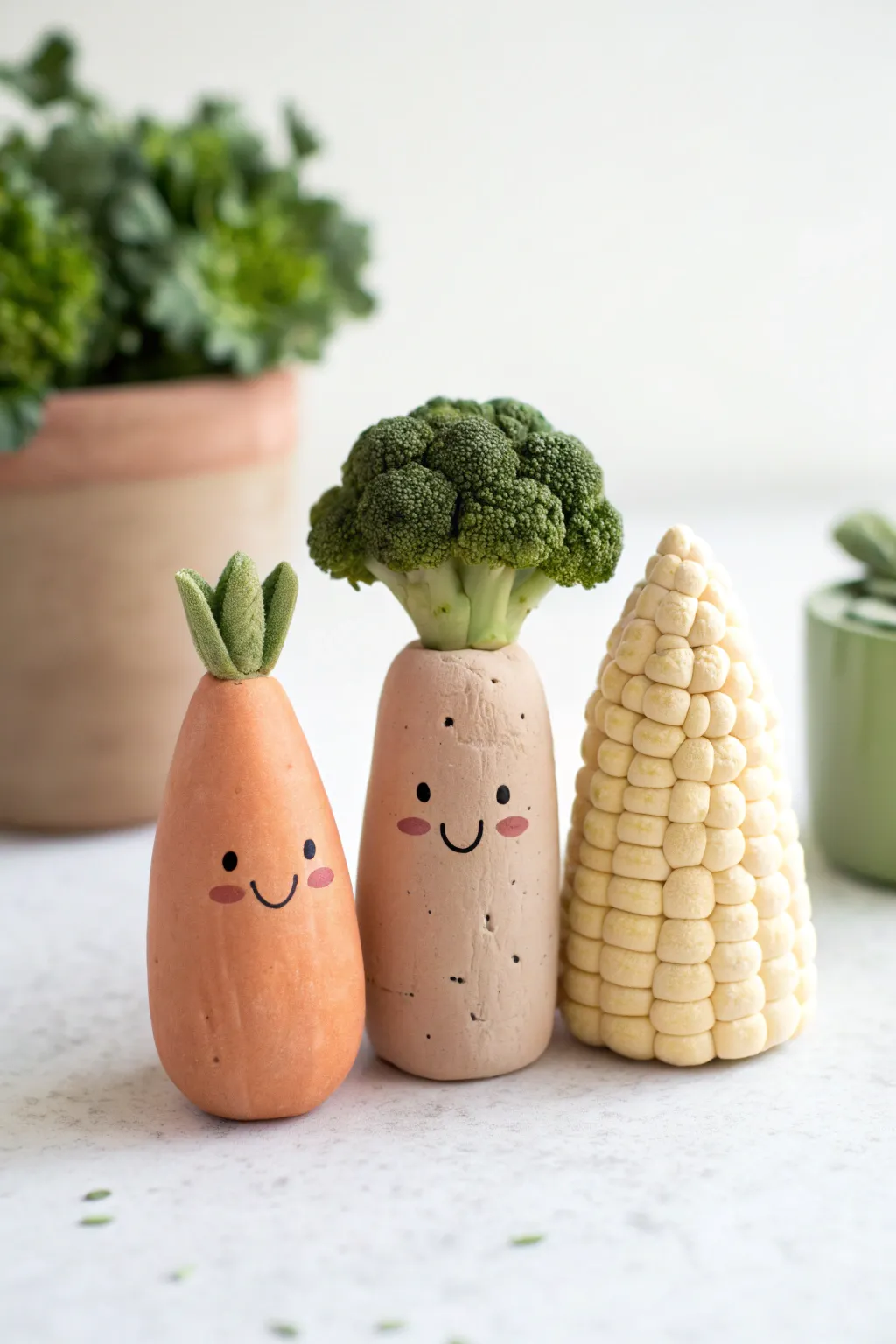 A sweet clay veggie family trio, simple shapes and cozy handmade charm in clean, airy light