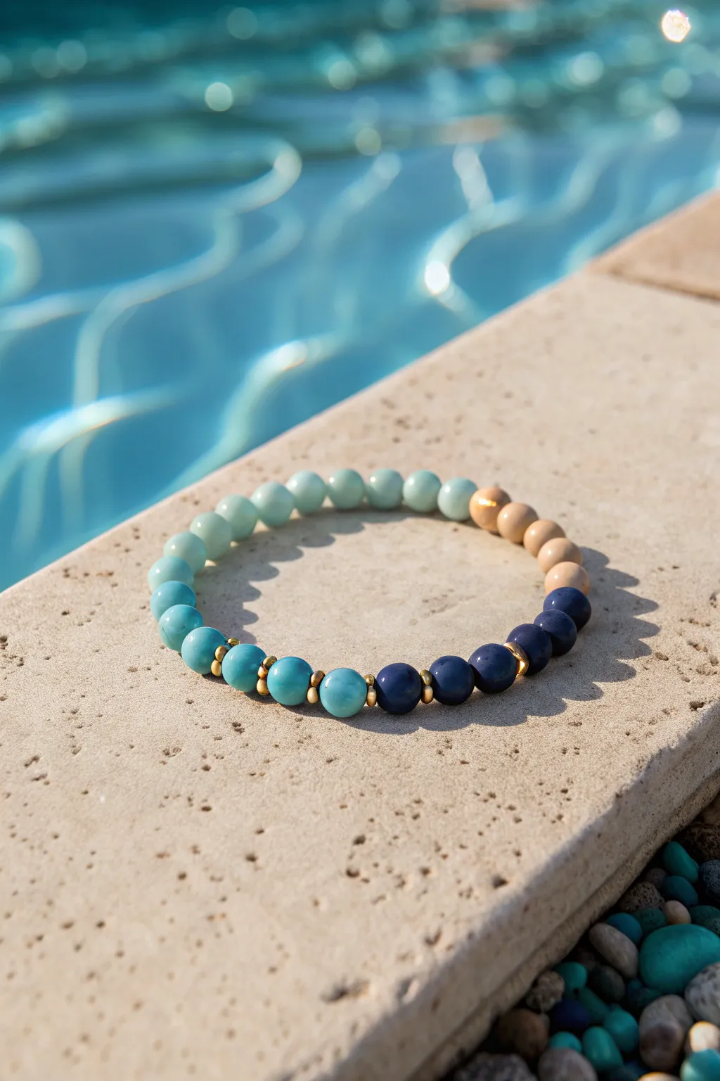 Sun-kissed ocean ombré clay bead bracelet, dotted with gold spacers and pool-water shimmer.